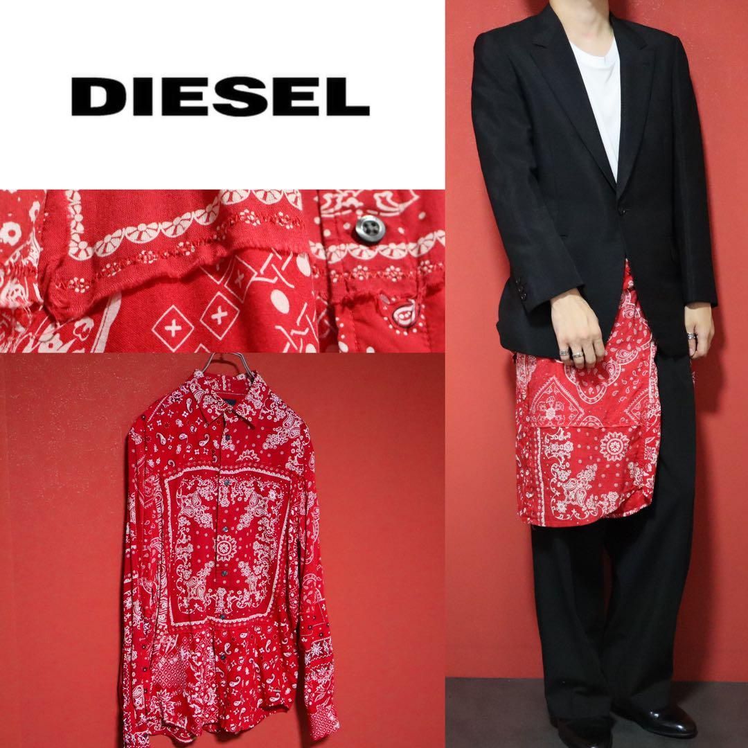 【モード】DIESEL バンダナ 総柄 再構築 ドッキングデザイン シャツ モード】DIESEL バンダナ 総柄 再構築 ドッキングデザイン