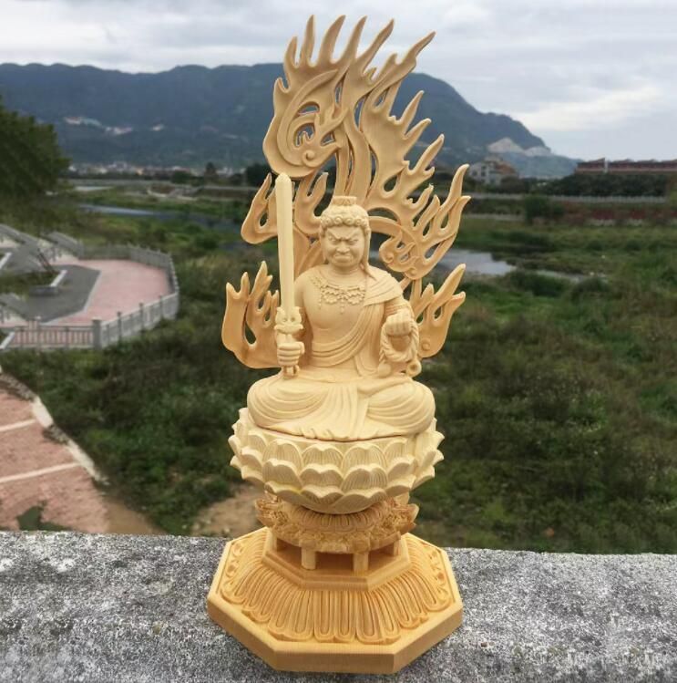 新作☆精密彫刻 不動明王 木彫 仏像 不動明王座像 檜木 高約28cm 