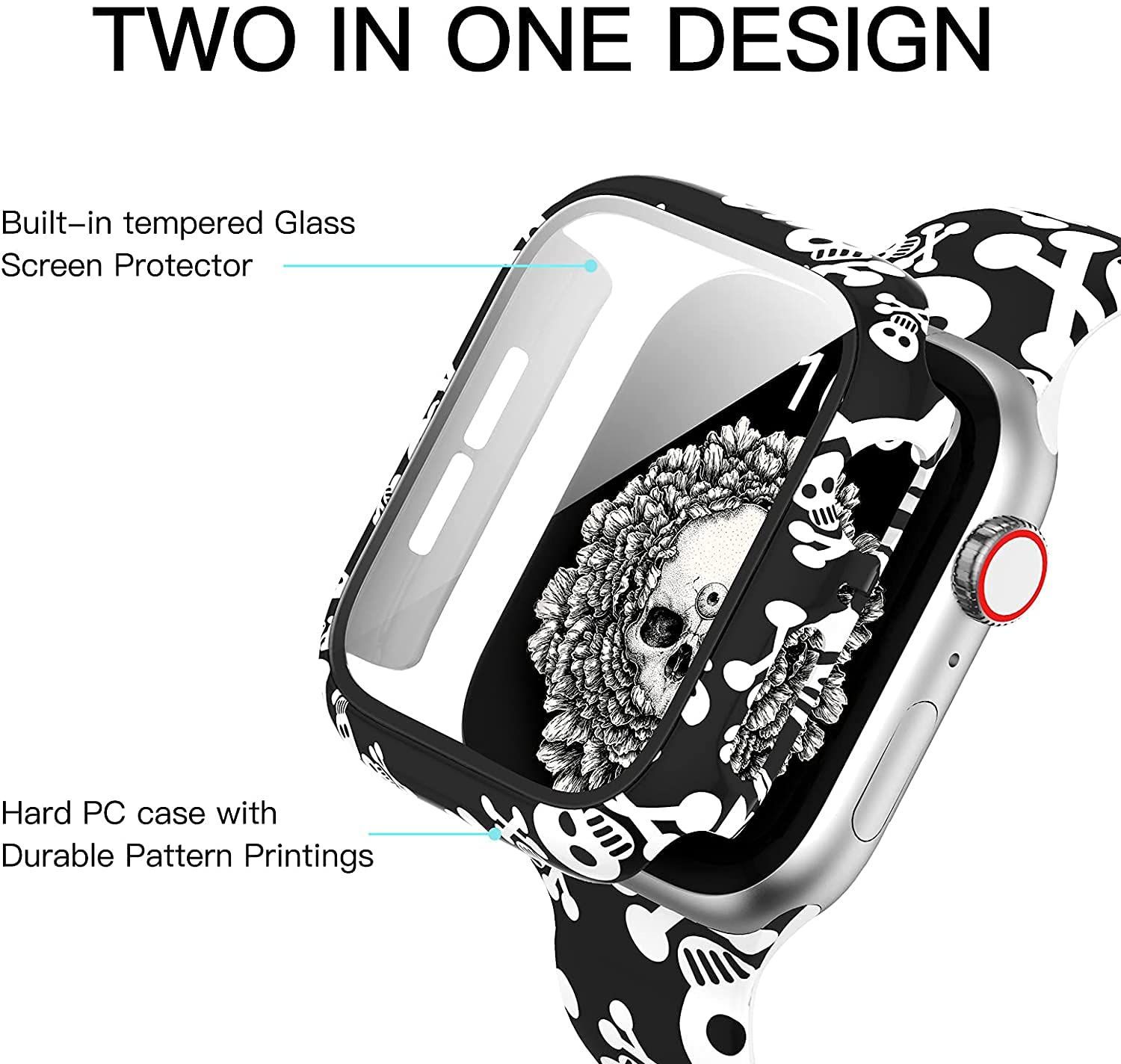 アップルウォッチバンド 腕時計ベルト Apple Watch シリコン バンド 40mm アップルウォッチケース ガラスフィルム付き アップルウォッチカバー 一体型保護フィルム付き プリント柄 花柄 交換バンド 柔らかスポーツ 交換ベルト メンズ