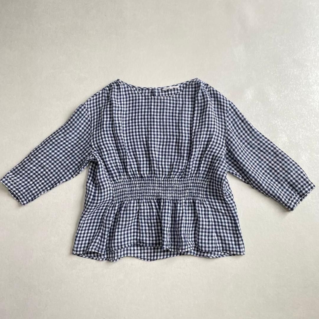 美品 23区 リベコ 麻100 ギンガムチェック ウエストギャザーブラウス 