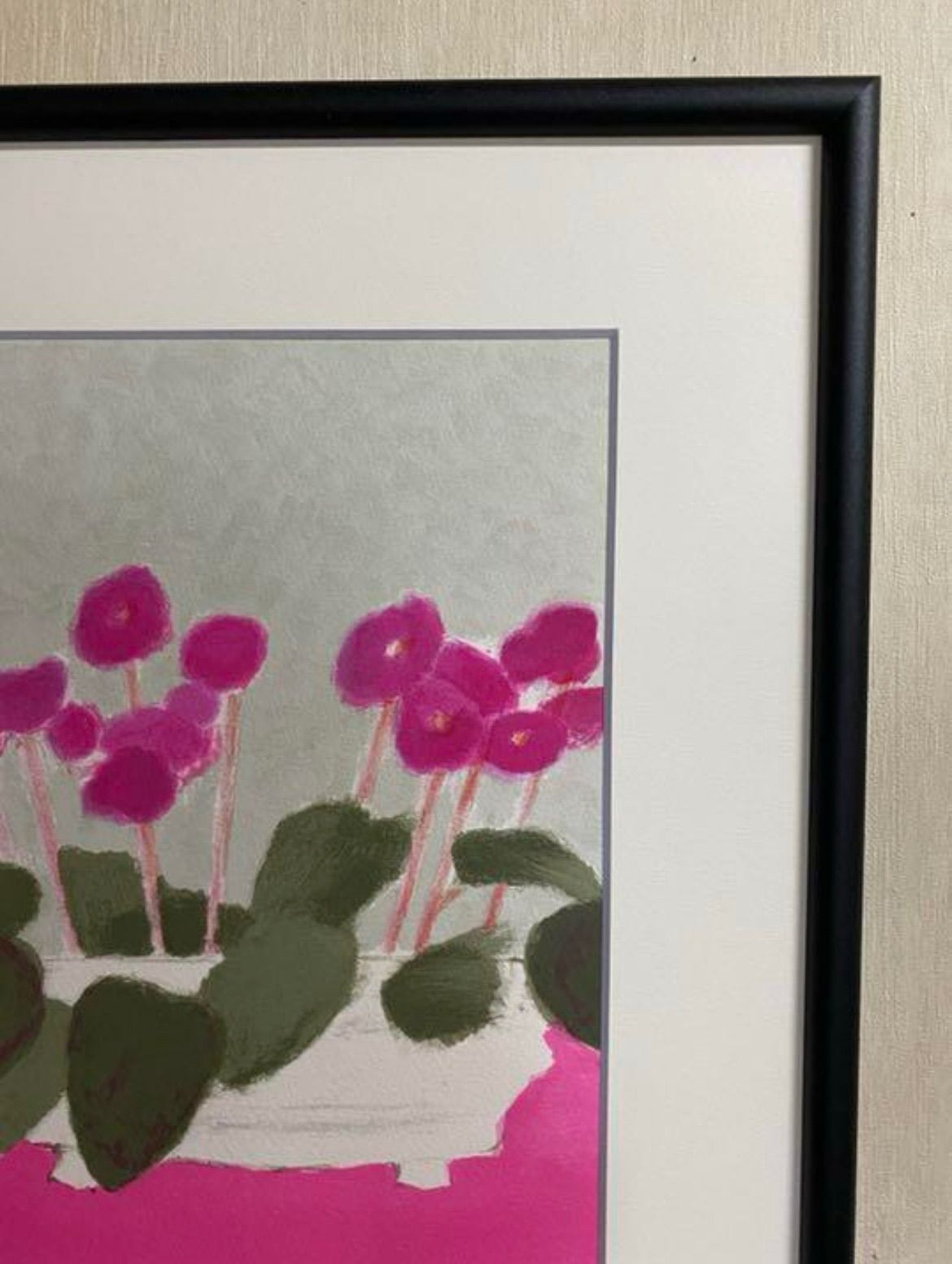 カトラン<薔薇色のテーブルクロスとセントポーリア>リトグラフ 1987 美術品・アンティーク・コレクション カトラン 薔薇色のテーブルクロス