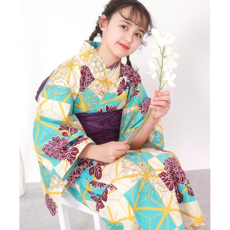 KYOETSU キョウエツ 浴衣セット ジュニア レトロ 変わり織 3点セット 浴衣 兵児帯 下駄 ガールズ 150 cm 5.陰影菊