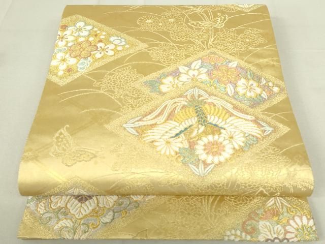 平和屋着物◎六通柄袋帯 唐織 嵯峨野 尾長鳥花文 オリジナル 金糸 正絹