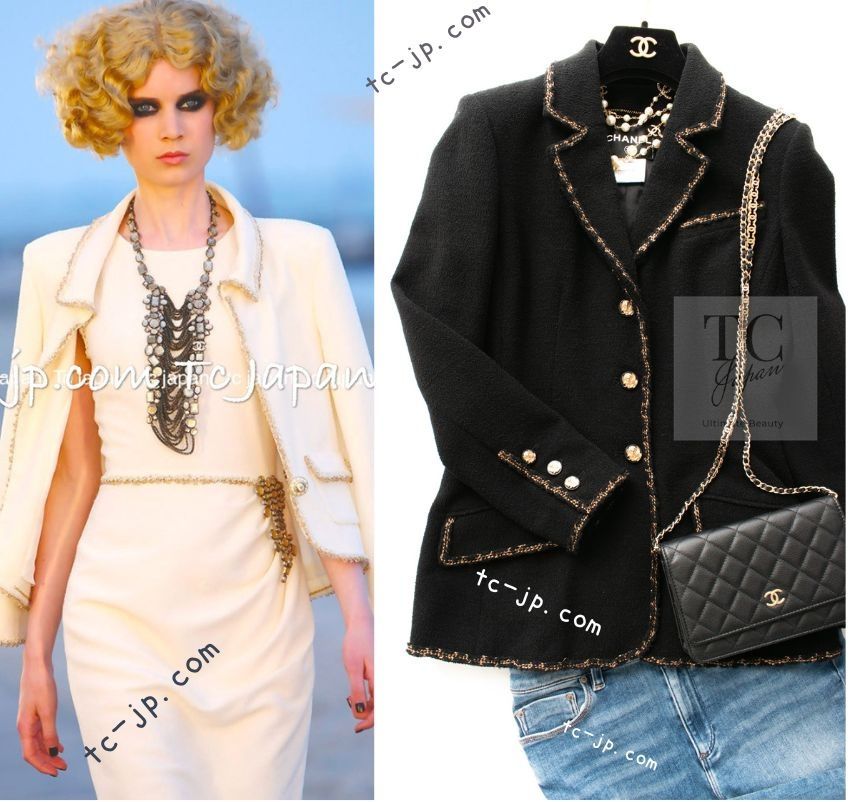 シャネル ジャケット CHANEL ブラック ゴールド ライン トリム ウール ブレザー 定番 カール ラガーフェルド作品 超 34 42