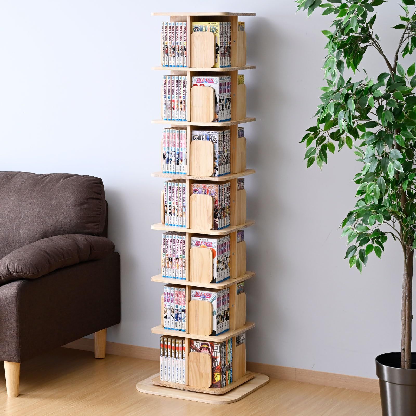 山善 YAMAZEN 本棚 回転式本棚 7段 角型 コミックラック 360度回転 大容量 天然木 漫画 ラック 棚 幅45cm×奥行45cm×高さ152cm ブックシェルフ 組立品 ナチュラル TKCS-7 NA
