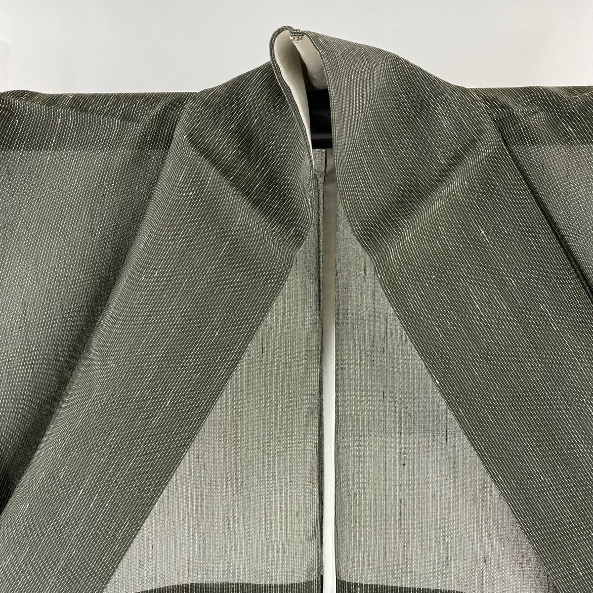 塩沢紬 身丈172cm 裄丈65.5cm M 薄物 夏塩沢 夏紬 証紙 縦縞模様 深緑  