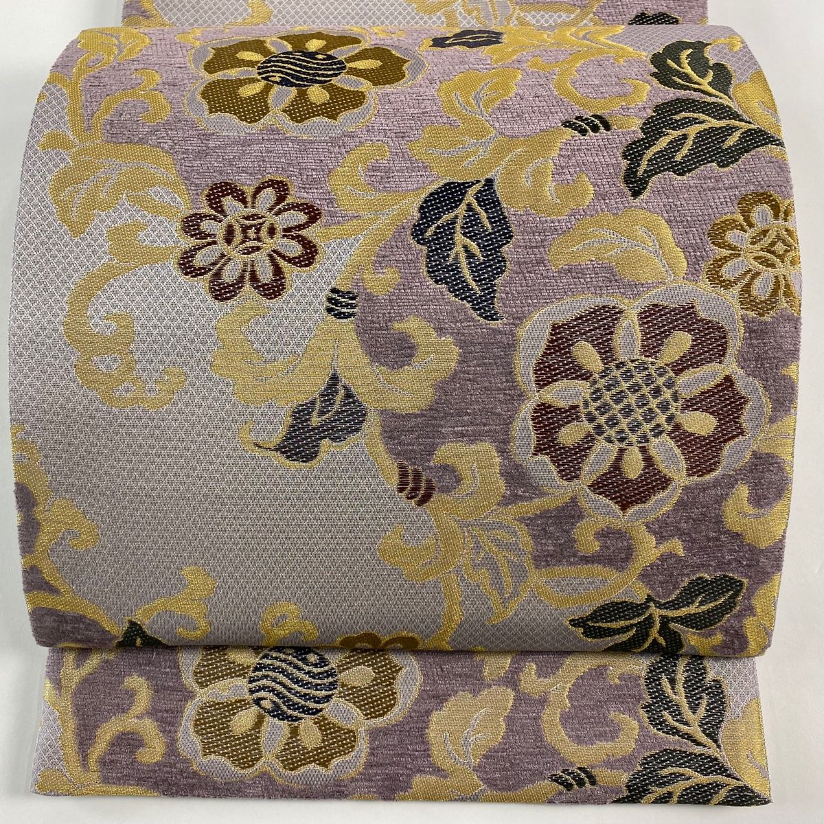 袋帯 花唐草 金糸 灰紫 六通 正絹