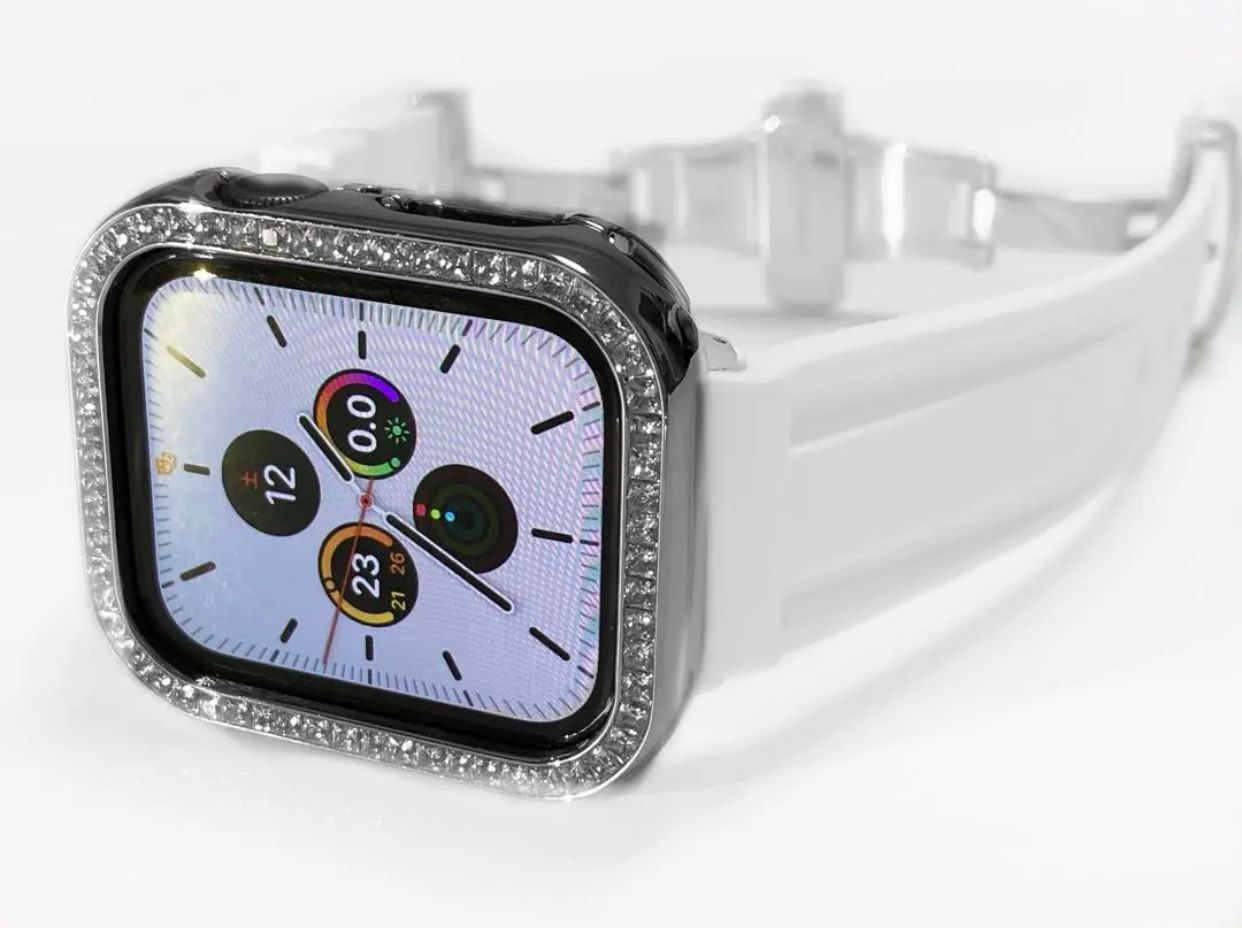 シルバー×ホワイトAppleWatchキラキラカバーアップルウォッチラバーバンド
