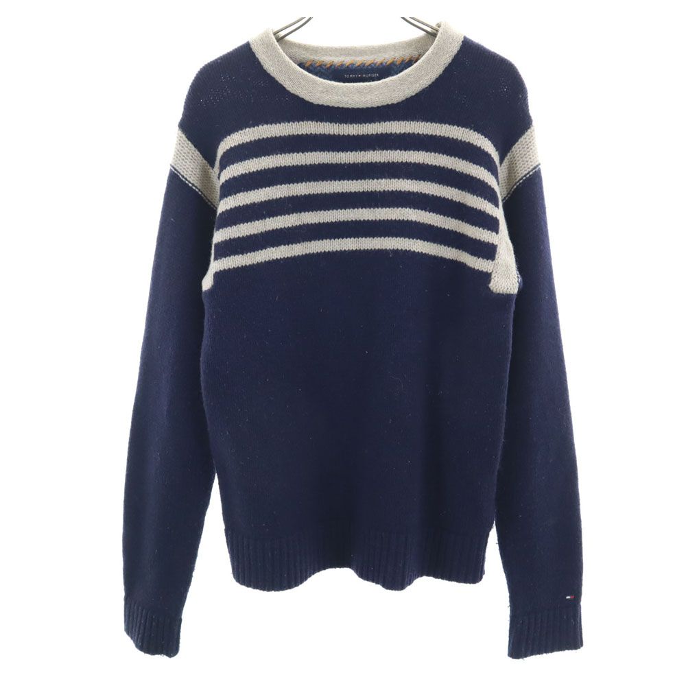 TOMMY HILFIGER トミーヒルフィガー ウールブレンド ボーダー柄 長袖 セーター S ネイビー ニット メンズ 古着