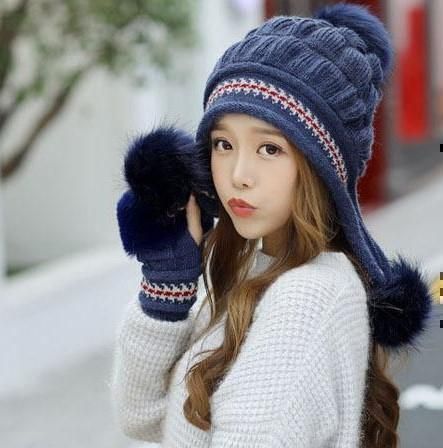 帽子 手袋 2点セット ファー手袋 ボンボンニット帽 タッチ操作 暖かい  