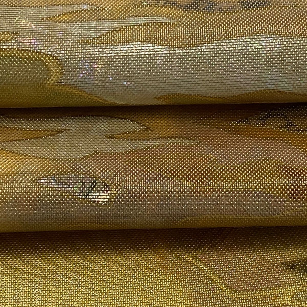 袋帯 美品 逸品 引箔本金紹巴 菱重ね鏡文 金糸 金色 お太鼓柄 正絹 美品】 袋帯 逸品 落款 配送 木村間幸 霞 螺鈿箔 金糸 金色 お太鼓柄