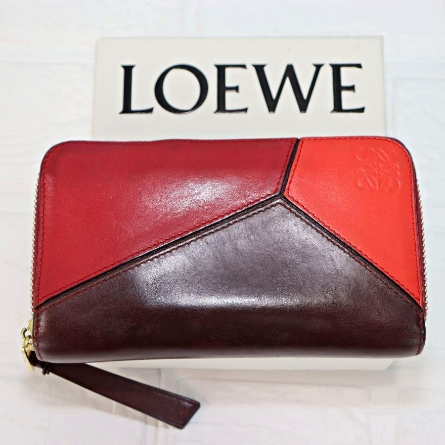 LOEWE ロエベ 長財布 赤×茶色 ブランドロゴ刻印 小さめ 本革 - メルカリ