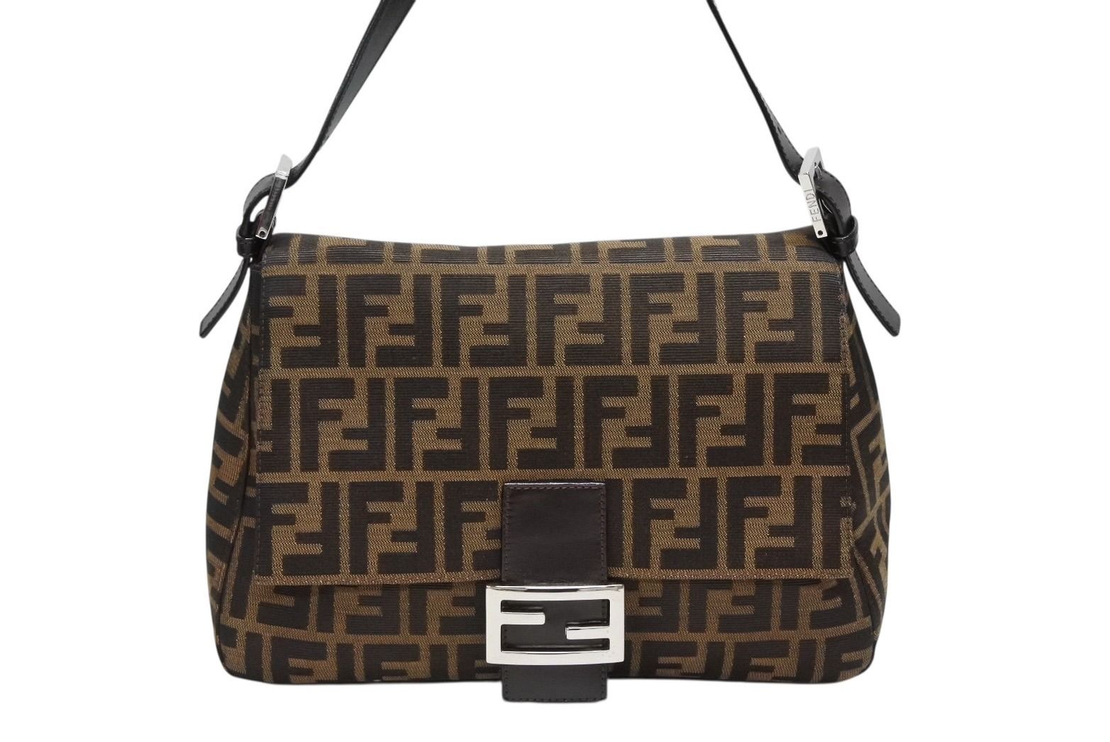 FENDI フェンディ ズッカ柄 マンマバケット ワンショルダーバッグ ブラウン ロゴ コットンキャンバス レザー 4b008343