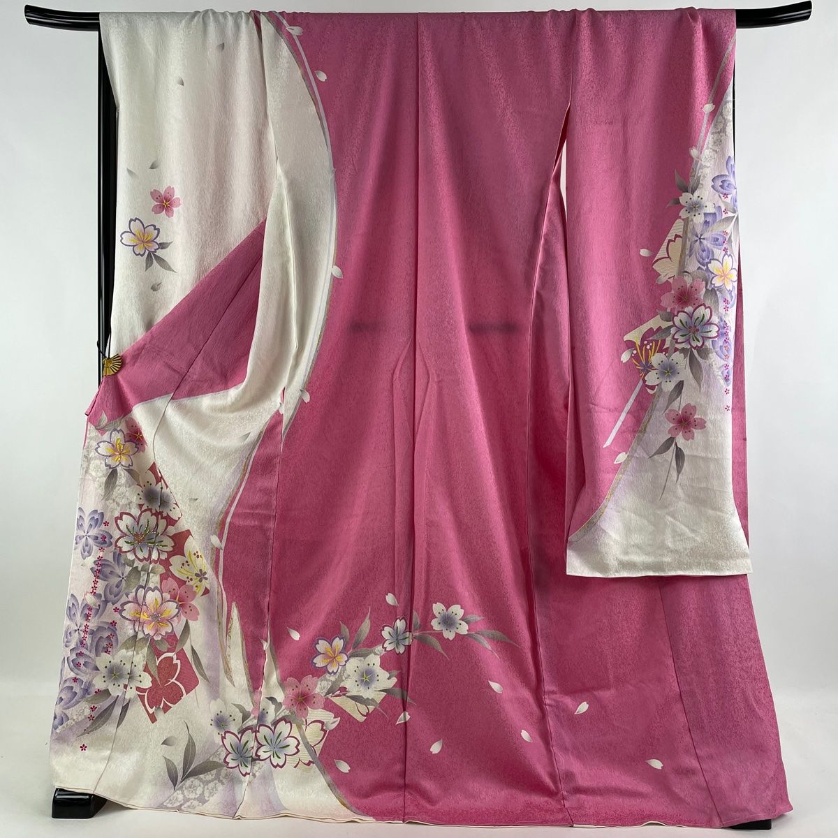 振袖 身丈177cm 裄丈71cm 仮絵羽 桜 箔 銀通し ピンク 正絹 美品 名品-