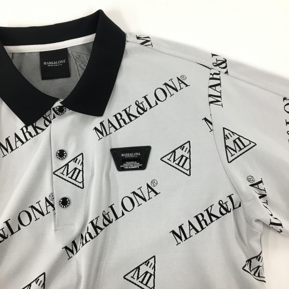 超美品】マークアンドロナ 半袖ポロシャツ 白×黒 ロゴ総柄 スナップ