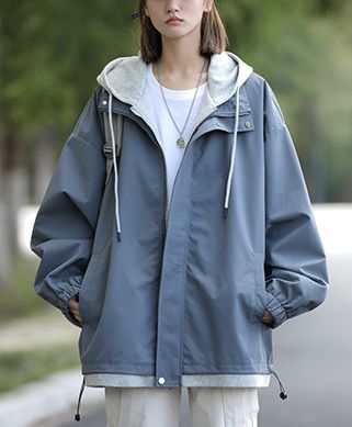 ヘイズブルー×ライトヘザーグレー マウンテンパーカー レディース 春秋 アウター パーカー ゆったり フード付き カジュアル おしゃれ ジャケット 通学 通勤 体型カバー