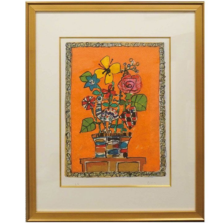 ポール・アイズピリ “ピンクのバラとオレンジ色のチューリップ“ リトグラフ 絵画 ポール・アイズピリ “ピンクのバラとオレンジ色のチューリップ