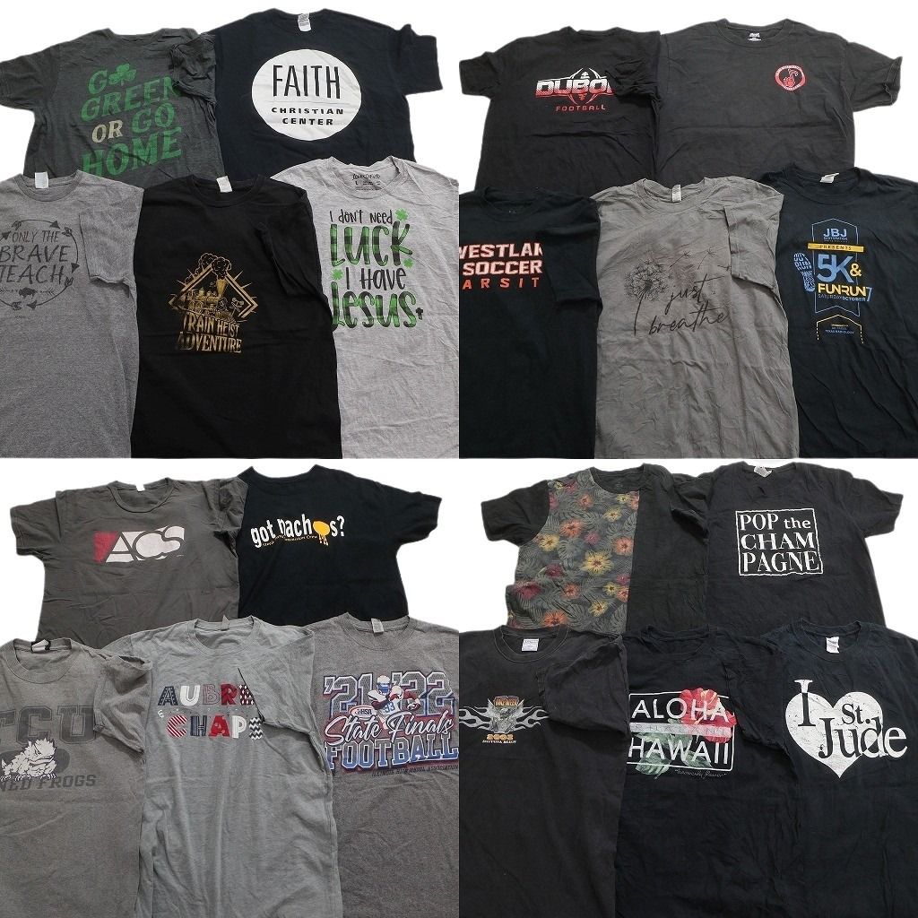 古着卸 まとめ売り 黒・グレー ボディ プリント 半袖Tシャツ 20枚セット (メンズ L ) 花柄 アニマル カレッジ風 中古 古着 MX9912