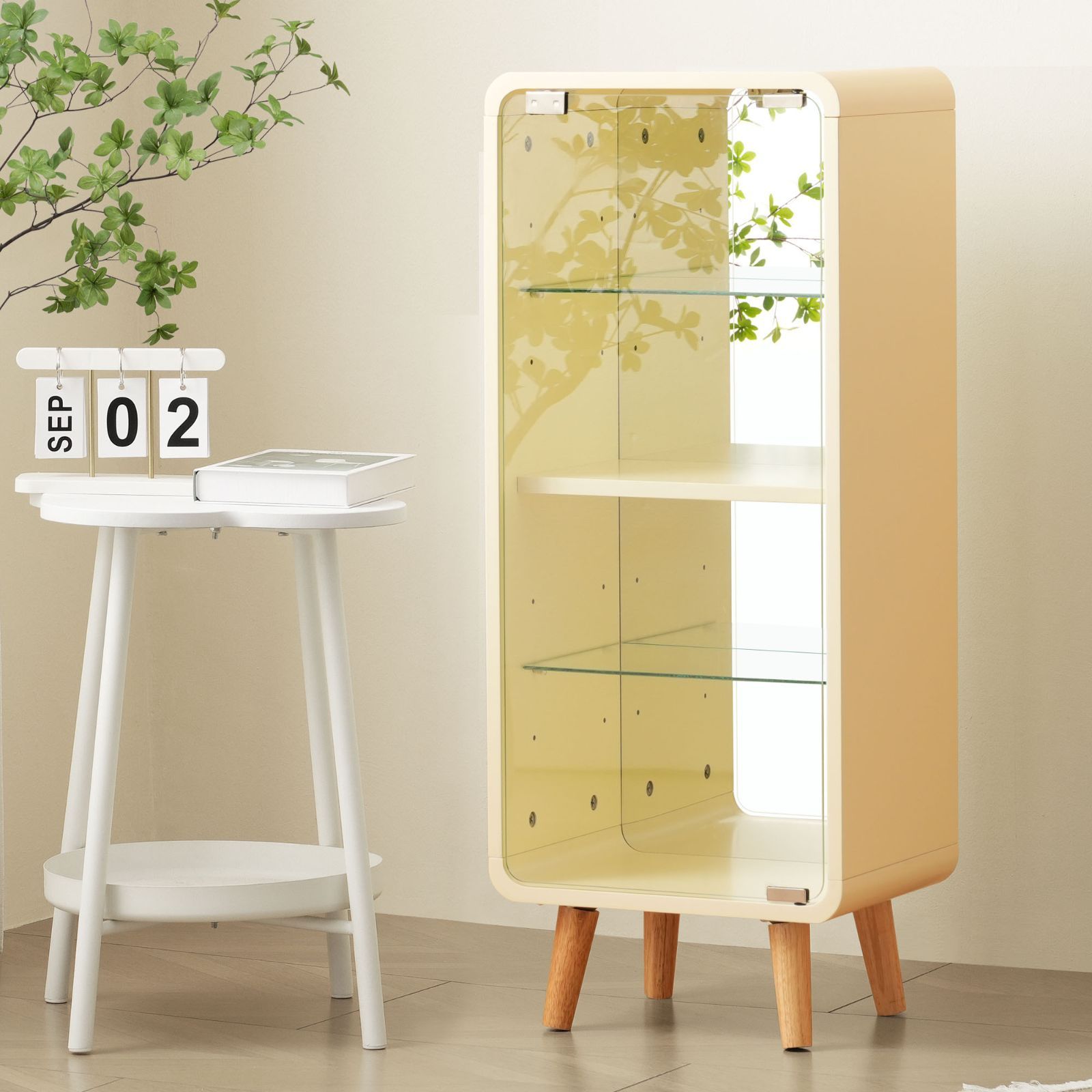 ガラスディスプレイシェルフ｜4段高さ調節｜背面ミラー付｜ベージュ｜幅36×奥行26×高さ89cm｜N515P196877B