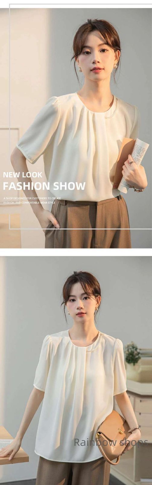 レディース ブラウス シフォン 半袖 tシャツ ギャザー パール付き 丸ネック オフィス シャツ トップス 無地 春夏 プルオーバー カジュアル おしゃれ 通勤 スーツ インナー カット TdYT 769