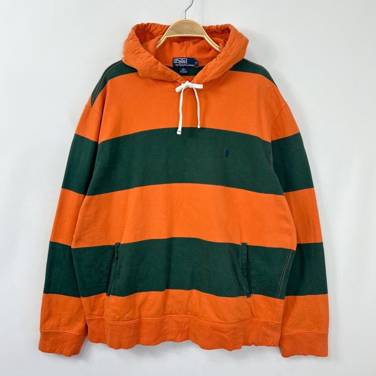 【フォロワー様クーポン配布中！】 ペルー製 POLO by Ralph Lauren ポロバイラルフローレン ヘビーウェイト 太ボーダー フーディー スウェットパーカー プルオーバー 輸入古着 海外古着 US古着 メ