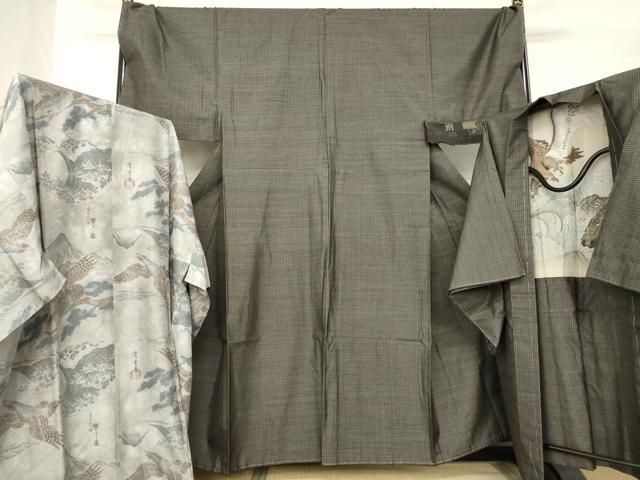 平和屋着物●男性 本場大島紬 アンサンブル 長襦袢 袷 セット 格子 反端付き キングサイズ 正絹 ♥ AABB5421ck