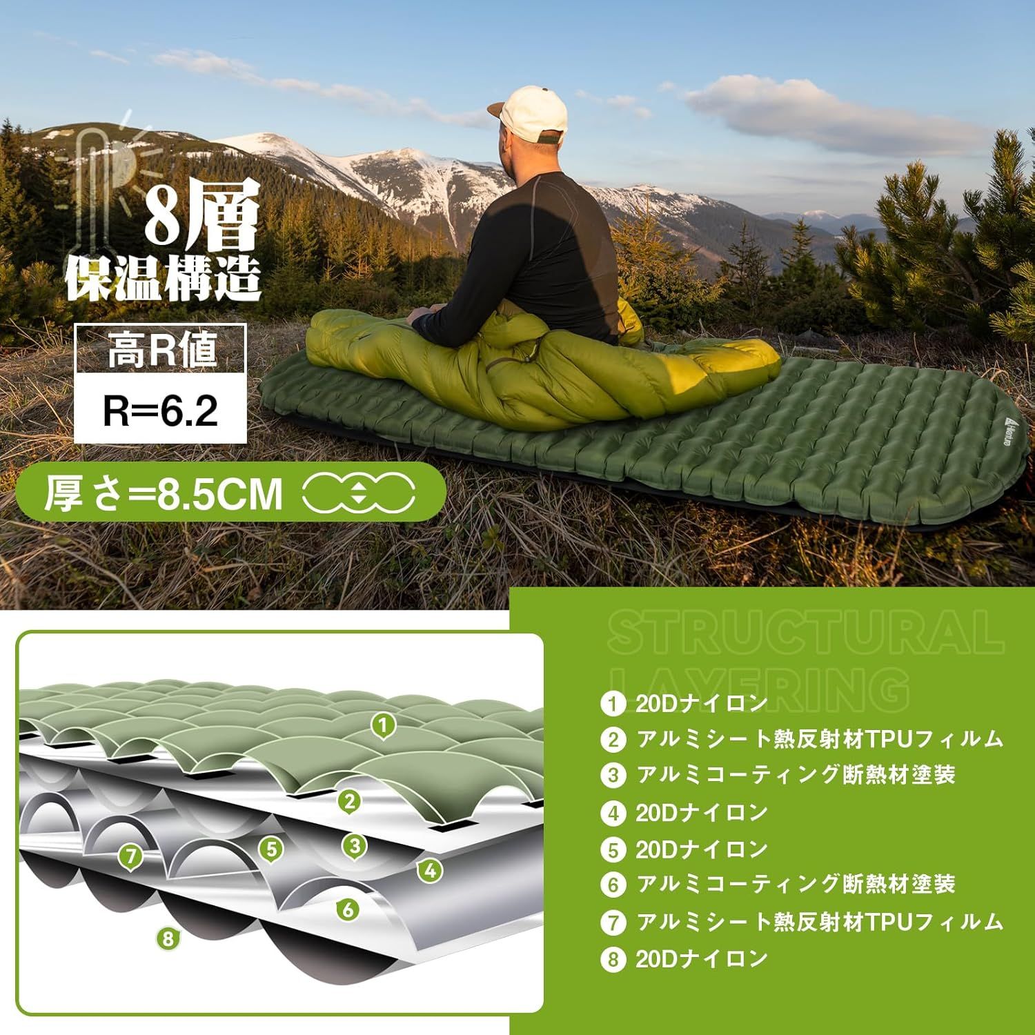 Hikenture高R値6.2 エアーマット【8.5cm極厚○590g超軽量○エアバッグ