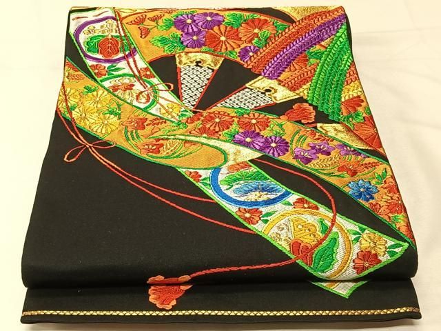 平和屋着物◎六通柄袋帯 唐織 片輪車花文 黒地 金糸 正絹 逸品