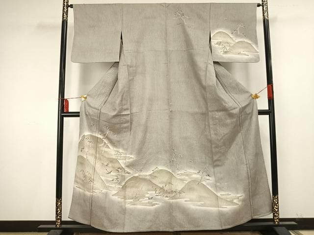 平和屋着物▽訪問着　単衣　ふくれ織　飛鶴風景文　正絹　逸品　AAAU7999fy 平和屋着物▽訪問着 単衣 ふくれ織 飛鶴風景文 正絹 逸品