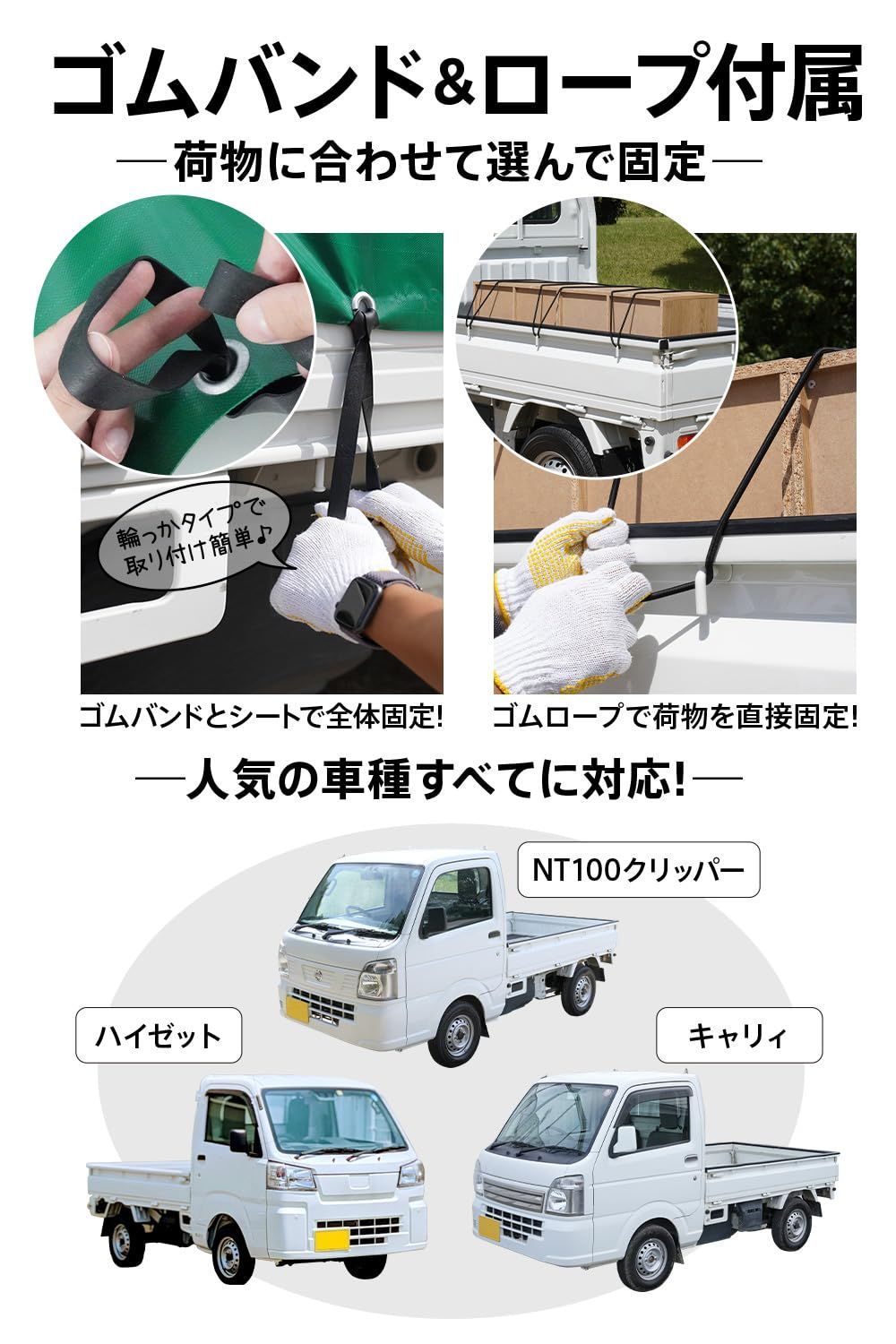 5色展開 輪っかタイプのゴムバンドと荷物固定用ロープつき
