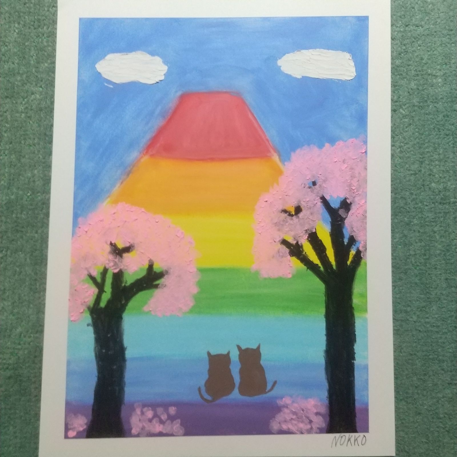 額なしオイルパステル画 虹色の富士山と猫 原画１点物 A4サイズ