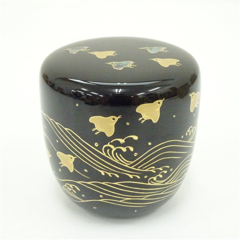奥津一心斎造 螺鈿波千鳥蒔絵棗（共箱） 茶道 茶道具 おしゃれ