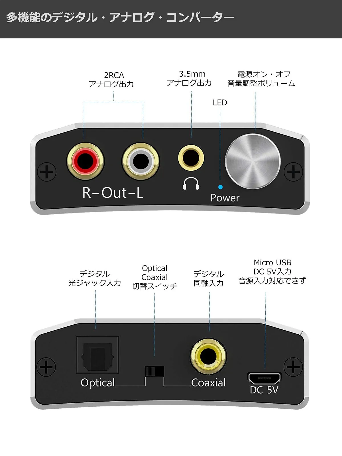 オーディオ変換器 デジタル(光＆同軸)からアナログ(RCA) DA