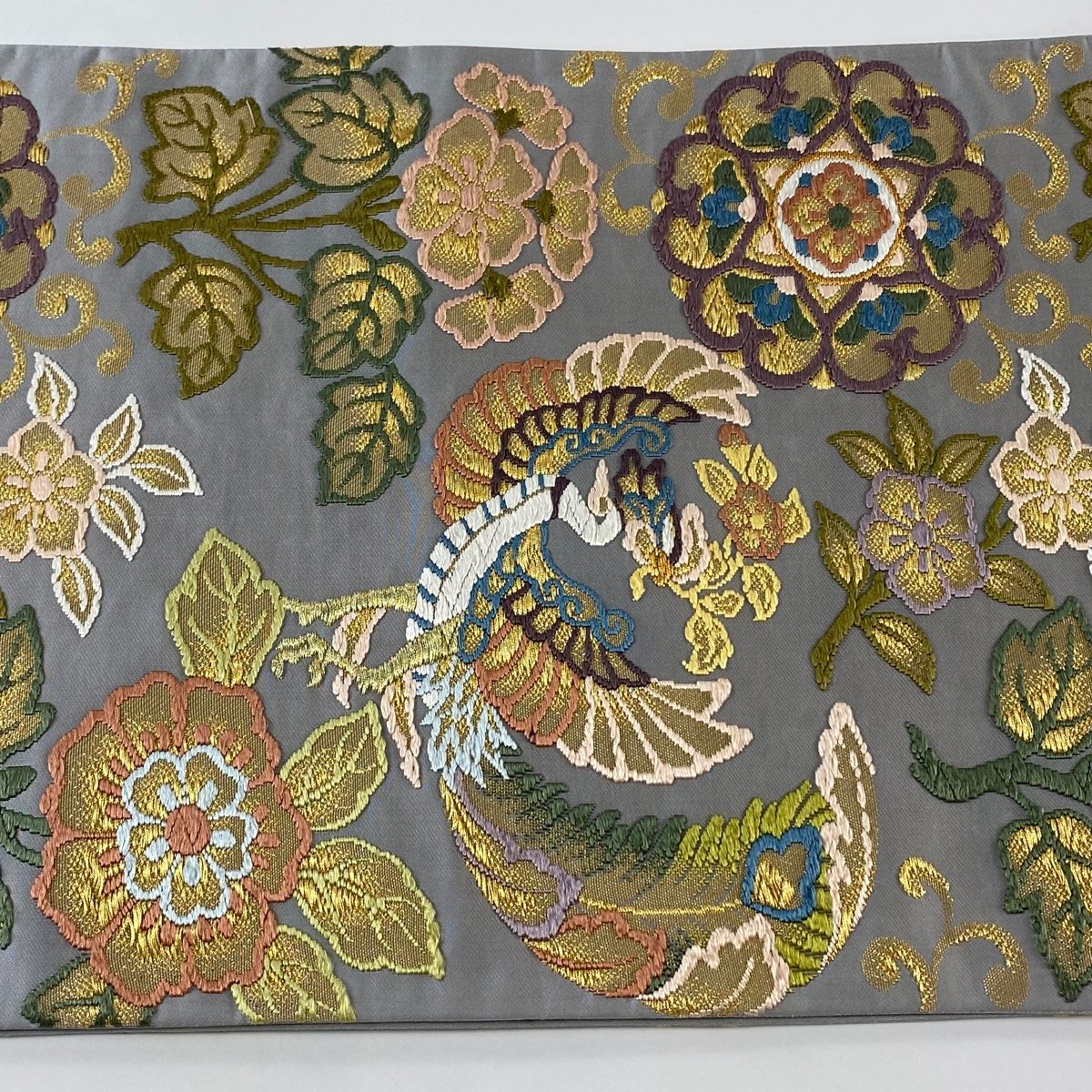 袋帯 名品 関西仕立て 鳳凰 華文 金糸 唐織 灰色 六通 正絹