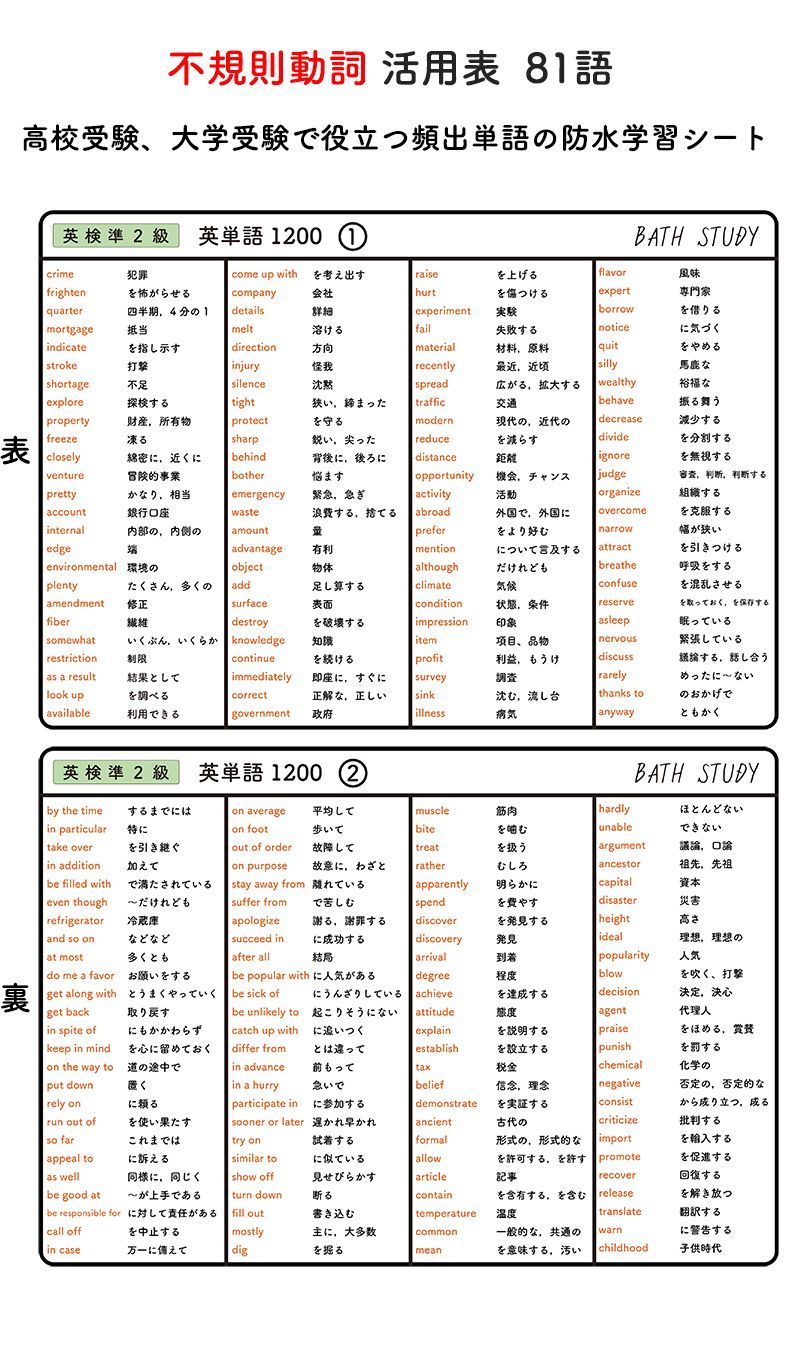 高校受験 大学受験 不規則動詞の活用表 81語 お風呂で学習防水シート メルカリshops