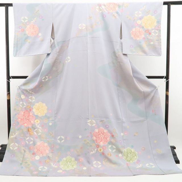 ❁tomihisa❁新品 手描き友禅 圭雲 落款”灰青色に淡く広がる吉祥の彩り