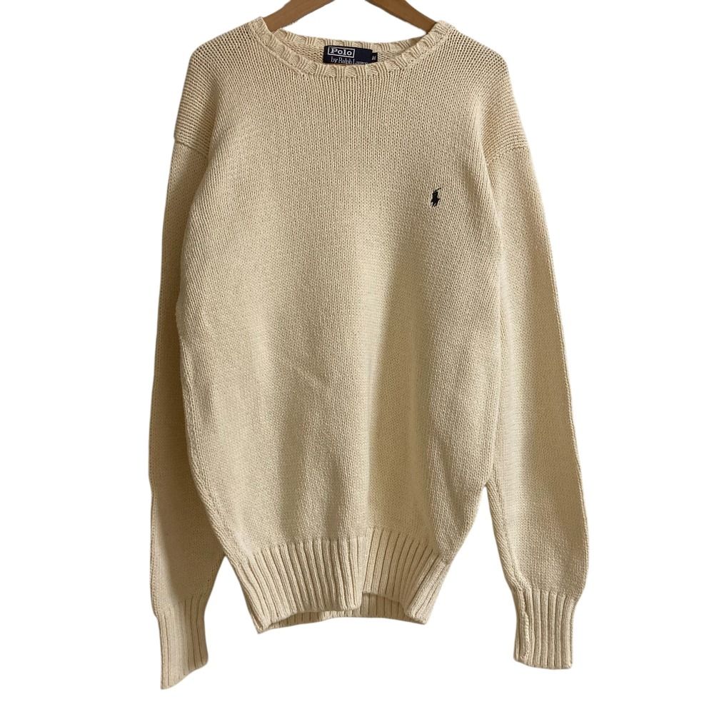 美品 POLO RALPH LAUREN ポロラルフローレン ポニーロゴ コットンニット プルオーバー セーター Mサイズ アイボリー メンズ 古着 中古 USED