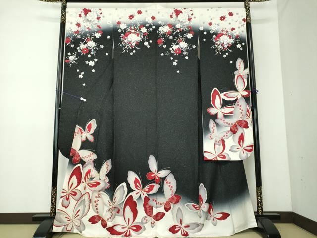 平和屋着物○豪華振袖 刺繍 舞蝶文 暈し染め 金糸 銀通し地 正絹