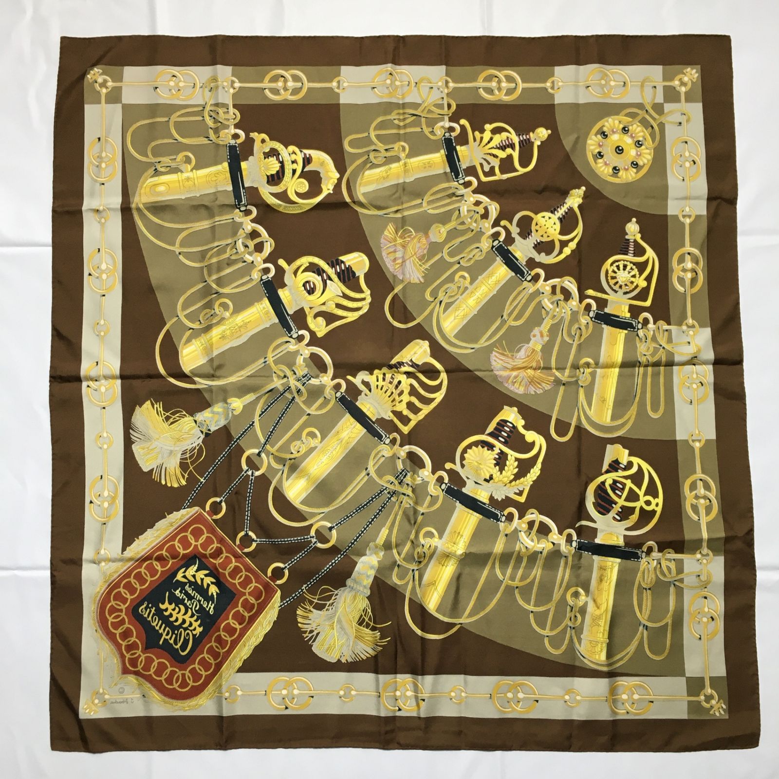 2504-198｜美品｜エルメス カレ 90 スカーフ シルク ブラウン