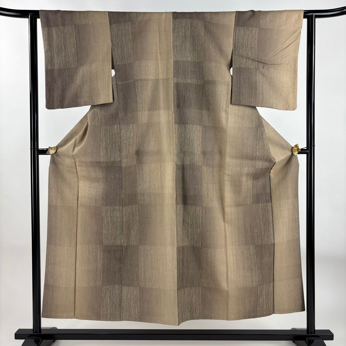 紬 身丈154cm 裄丈61cm S 袷 縞 変わり市松 茶色 正絹