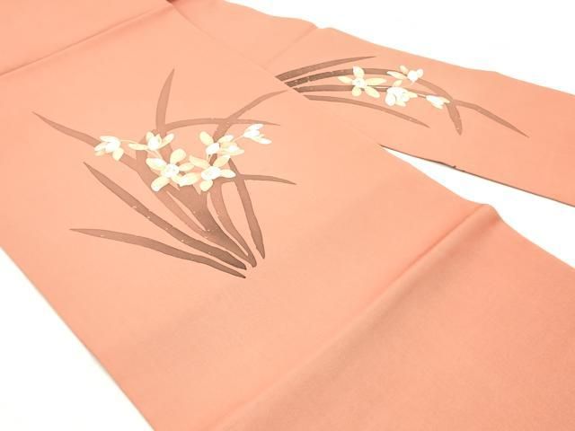 平和屋着物●塩瀬 九寸名古屋帯 ろうけつ染め 草花文 赤丹色 金彩 正絹 DAAY0186ob