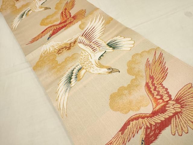 平和屋着物▽アンティーク 大正ロマン 丸帯 飛鶴花文 金糸 正絹 逸品