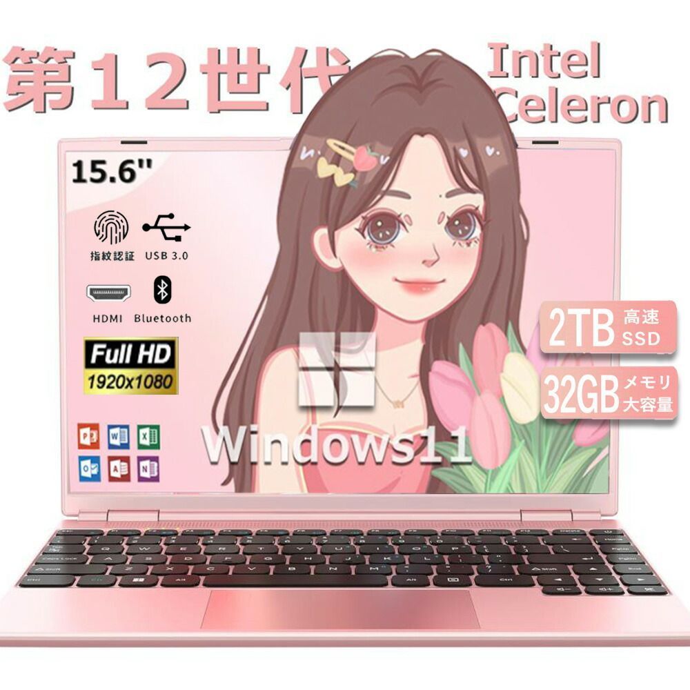 ノートパソコン Win11 Pro搭載 女の子向け 15.6インチ 指紋認証 向け Intel Celeron N5095 16GB RAM 1TB SSD IPS LCD ウェブカメラ USB mp0E988