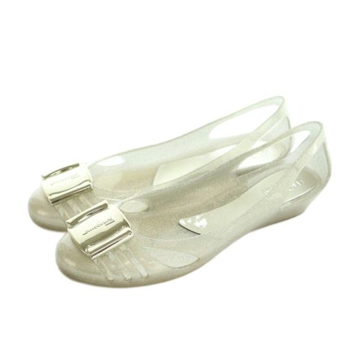 サルヴァトーレフェラガモ Salvatore Ferragamo ラバーフラットパンプス バレエシューズ ヴァラリボン クリア グリッター 7 24.5cm シルバーカラー |MI OS