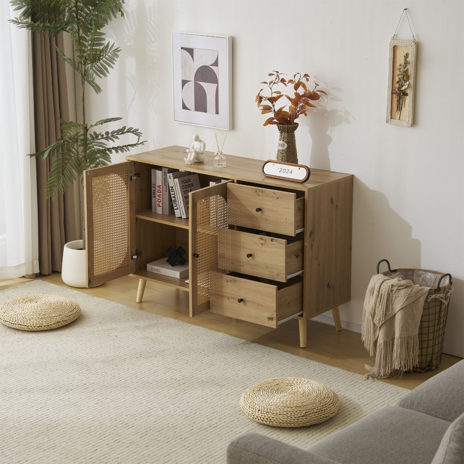 赤字SALE！キャビネット サイドボード チェストラタン調 ラタン風 引き出し付 赤字セール！大容量キャビネット サイドボード チェストラタン調 BROWN