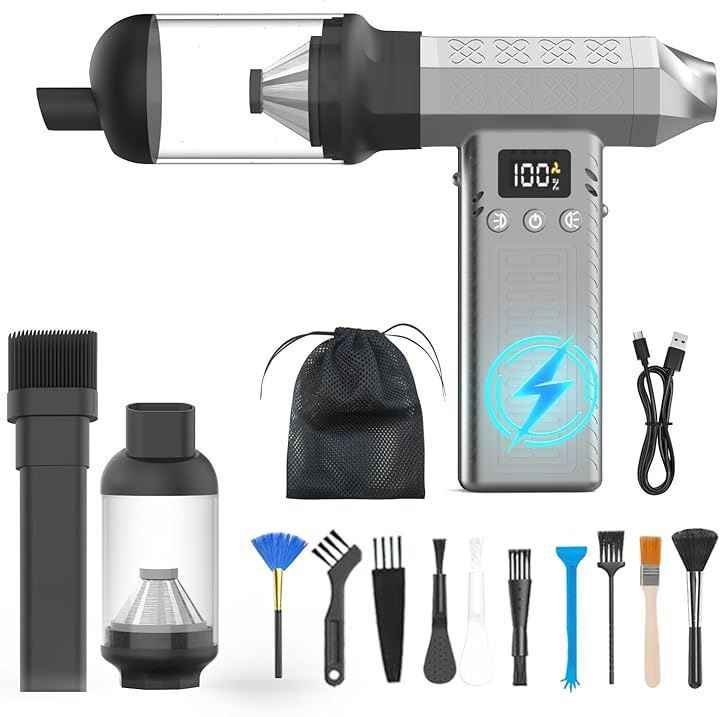 Raydyn 1台2役 電動エアダスター＆ミニ掃除機 220000PRM 充電式 コードレス 3段風量調整 8000mAh 150分連続使用 超軽量 13000Pa エアーブロー ブラシレスモーター ターボスピード 多用途 シルバー M