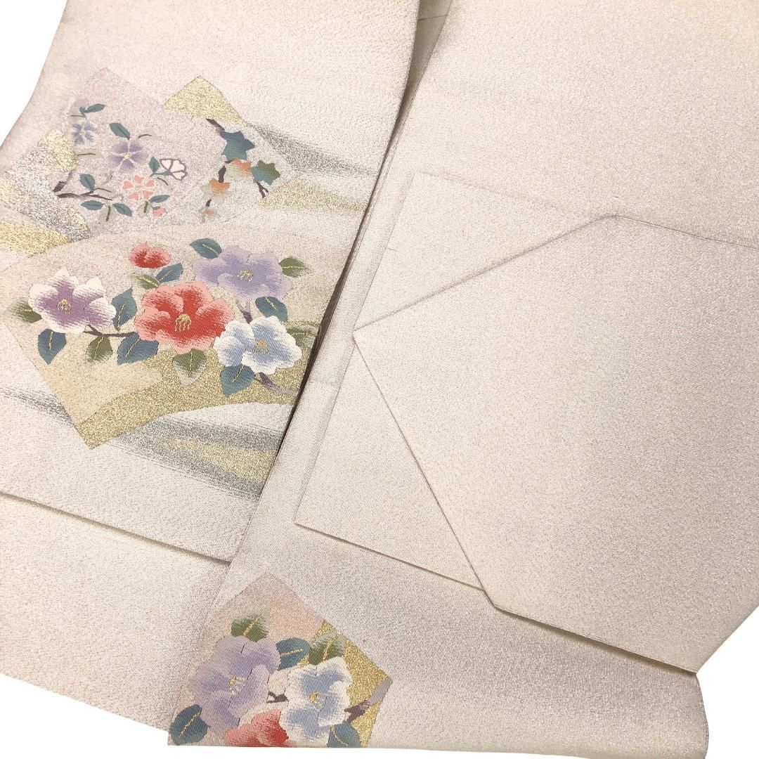 名古屋帯 綴れ 地紙に椿の花模様 ガード加工 生成色 O-5181