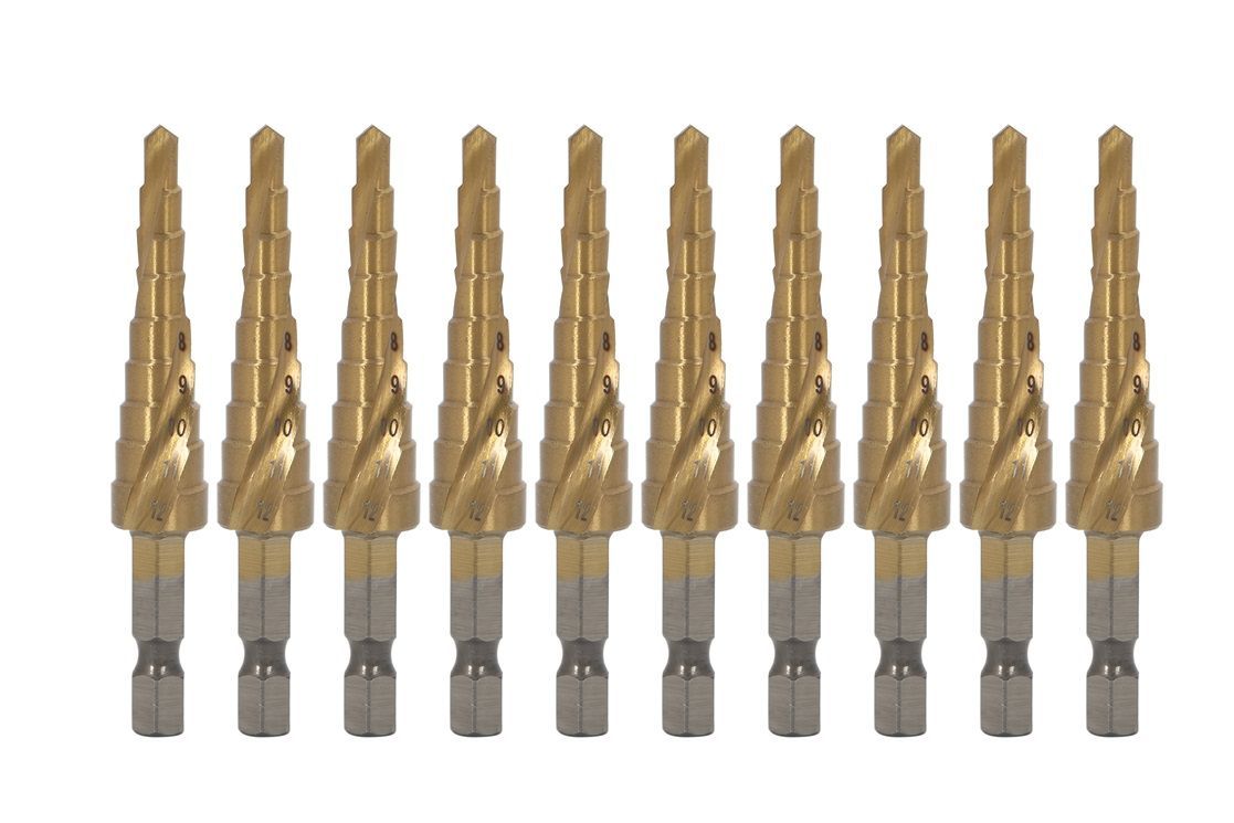 螺旋 ステップドリル 4-12mm 10本セット チタンコーティング HSS鋼 タケノコ スパイラル ドリル ビット ドリルキリ