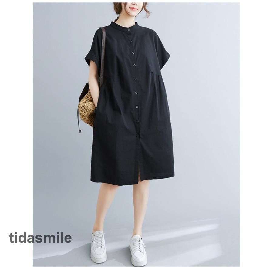 ワンピース チュニック シャツワンピース ロングシャツ 無地 半袖 レディース uネック 夏 白シャツ ホワイトシャツ 膝丈 ロング aライン 体型カバー 30代 40代