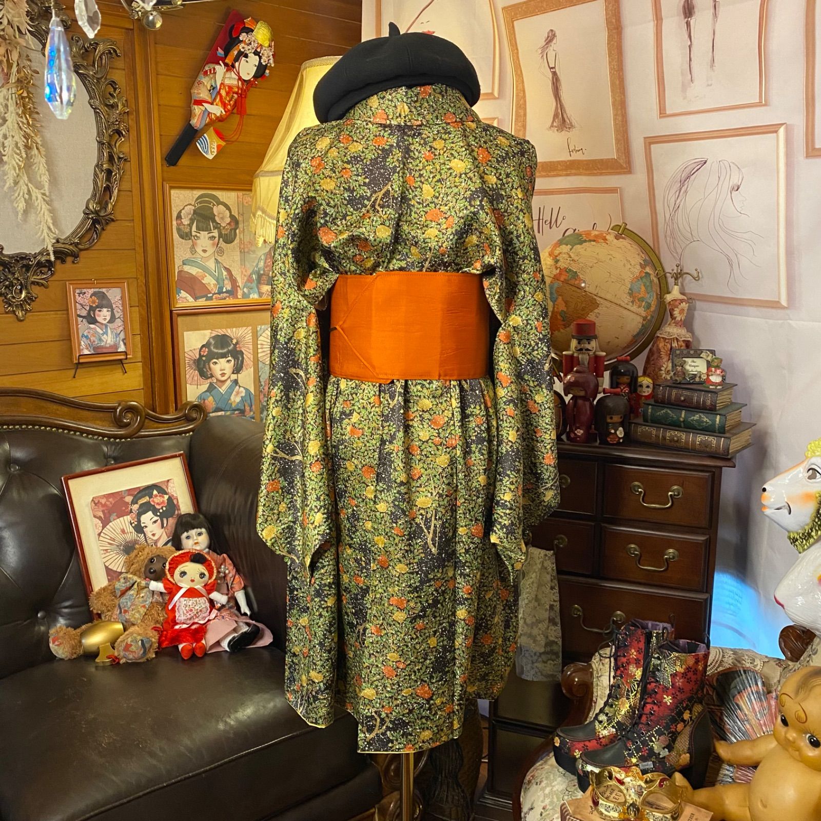 着物 リメイク 高品質 ミニミディ ワンピース ドレス 洗える 化繊 帯